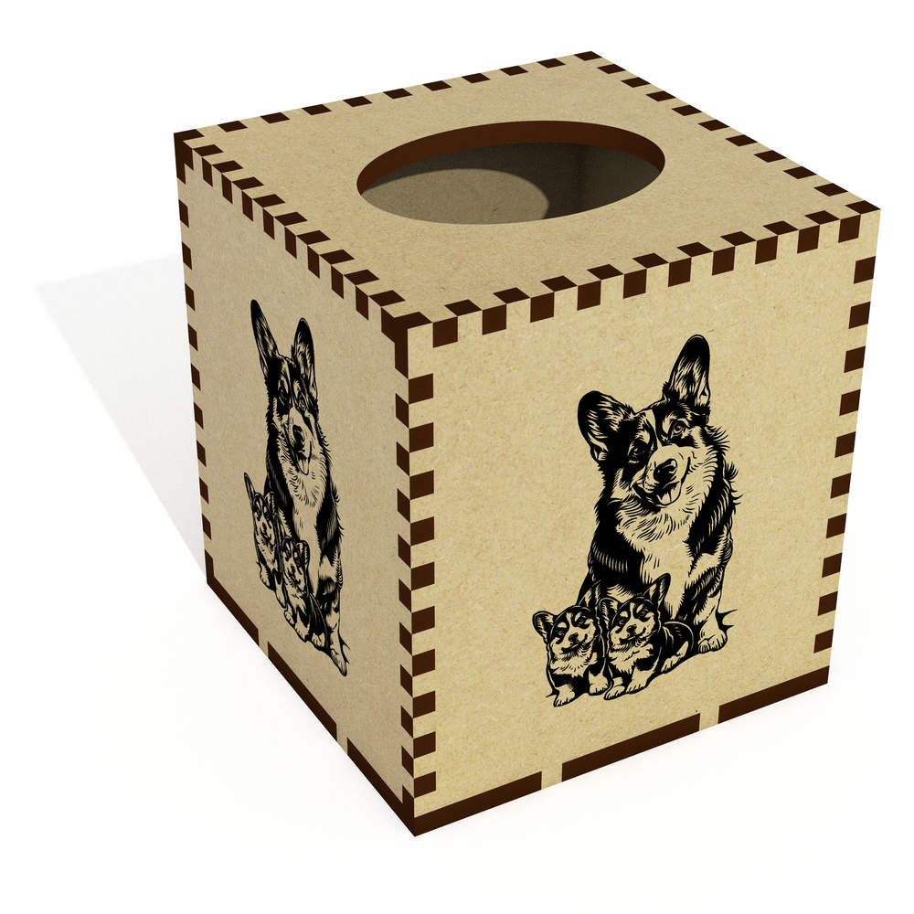 Square 'Welsh Corgi Mother with Puppies' Wooden Tissue Box Cover (TB00062206)