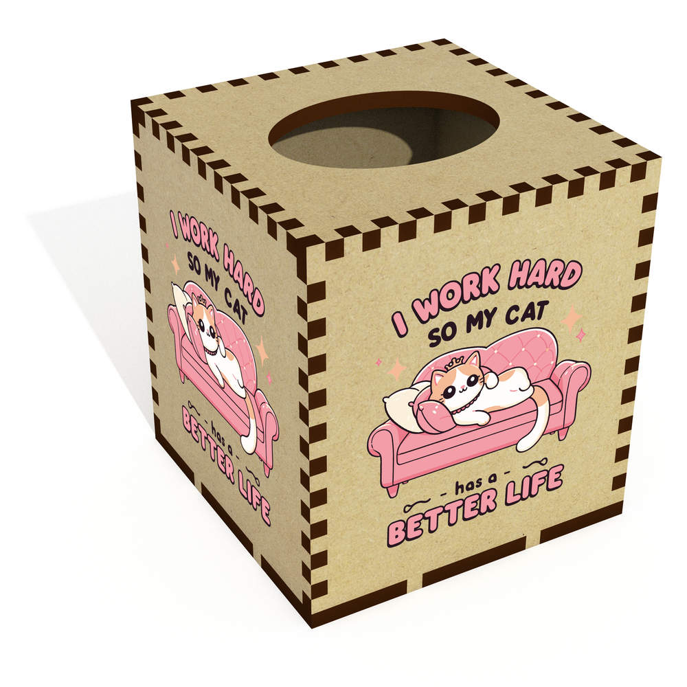 Square 'Better Life Cat' Wooden Tissue Box Cover (TB00063219)