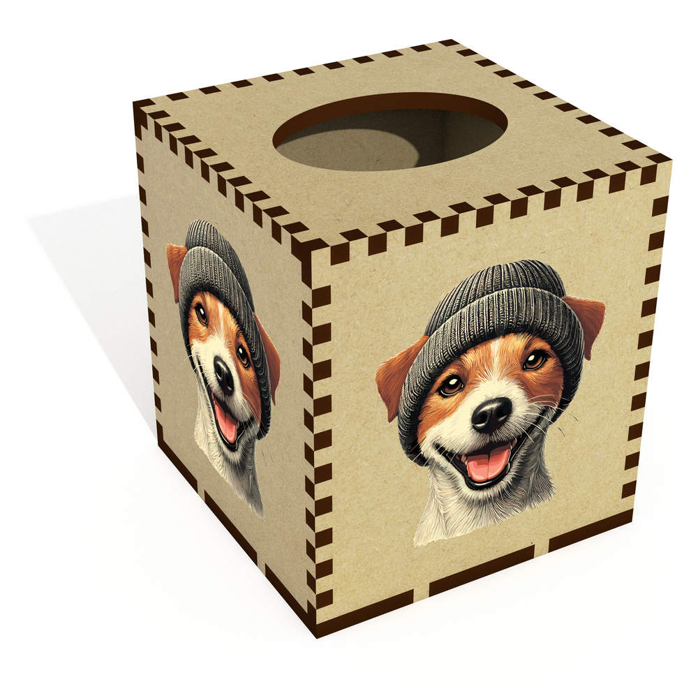 Square 'Jack Russell Wearing Woolly Hat' Wooden Tissue Box Cover (TB00065031)