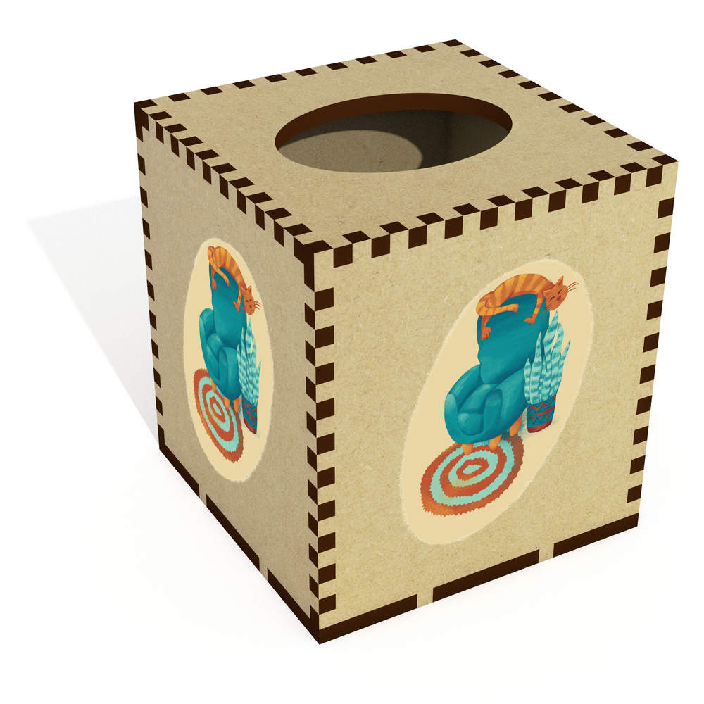 Square 'Red Stripped Cat Colorful Illustration ' Wooden Tissue Box Cover (TB00066563)