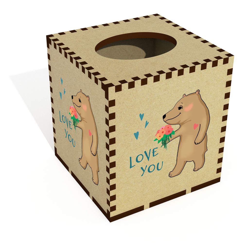 Square 'Bear With Flowers' Wooden Tissue Box Cover (TB00066817)