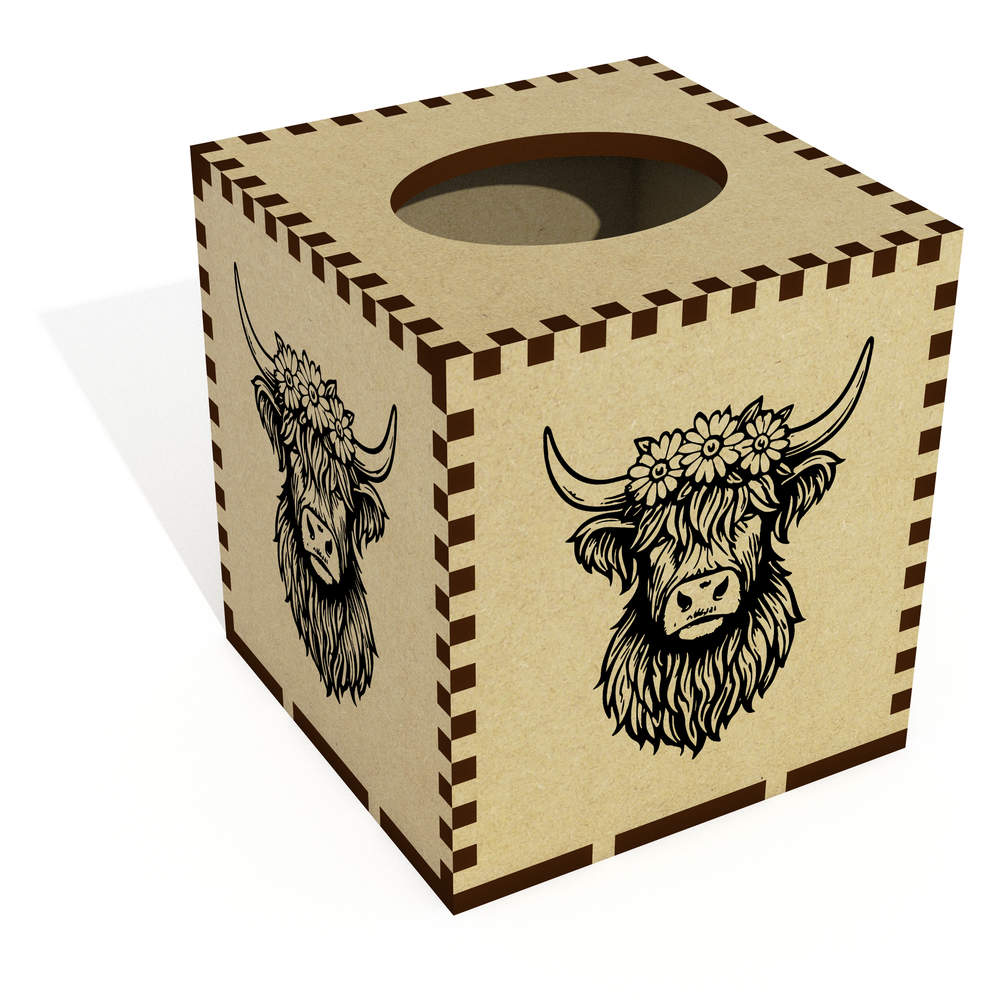 Square 'Highland Cow with Daisy Crown' Wooden Tissue Box Cover (TB00069702)