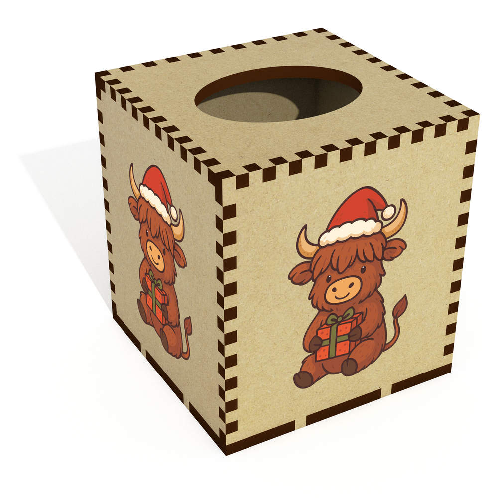 Square 'Festive Highland Cow' Wooden Tissue Box Cover (TB00069943)