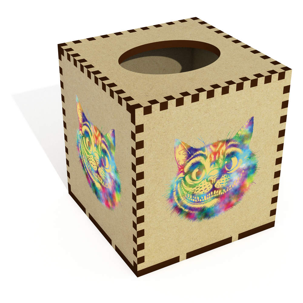 'Colourful Cheshire Cat' Square Wooden Tissue Box Cover - Decorative Holder for Bathrooms, Bedrooms, Offices and Home Decor (TB00070299)