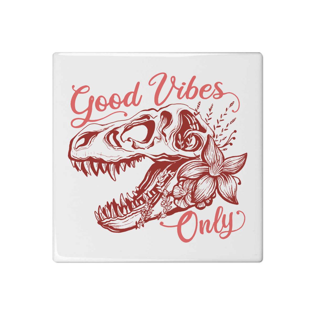 'Good Vibes Floral Dinosaur Skull' 108mm Square Ceramic Tile (TD00020601)