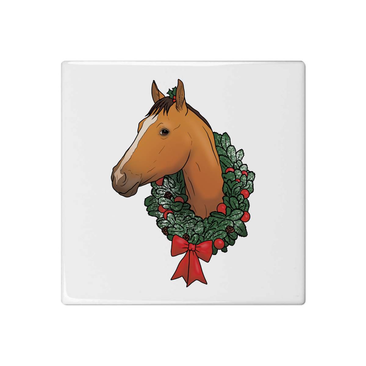 'Horse With Christmas Wreath' 108mm Square Ceramic Tile (TD00024403)