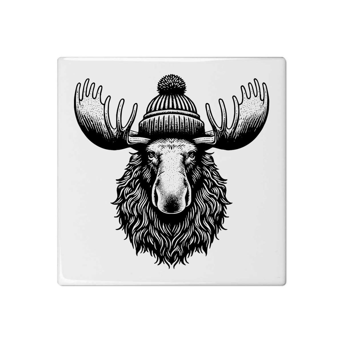 'Moose Wearing a Bobble Hat' 108mm Square Ceramic Tile (TD00025944)
