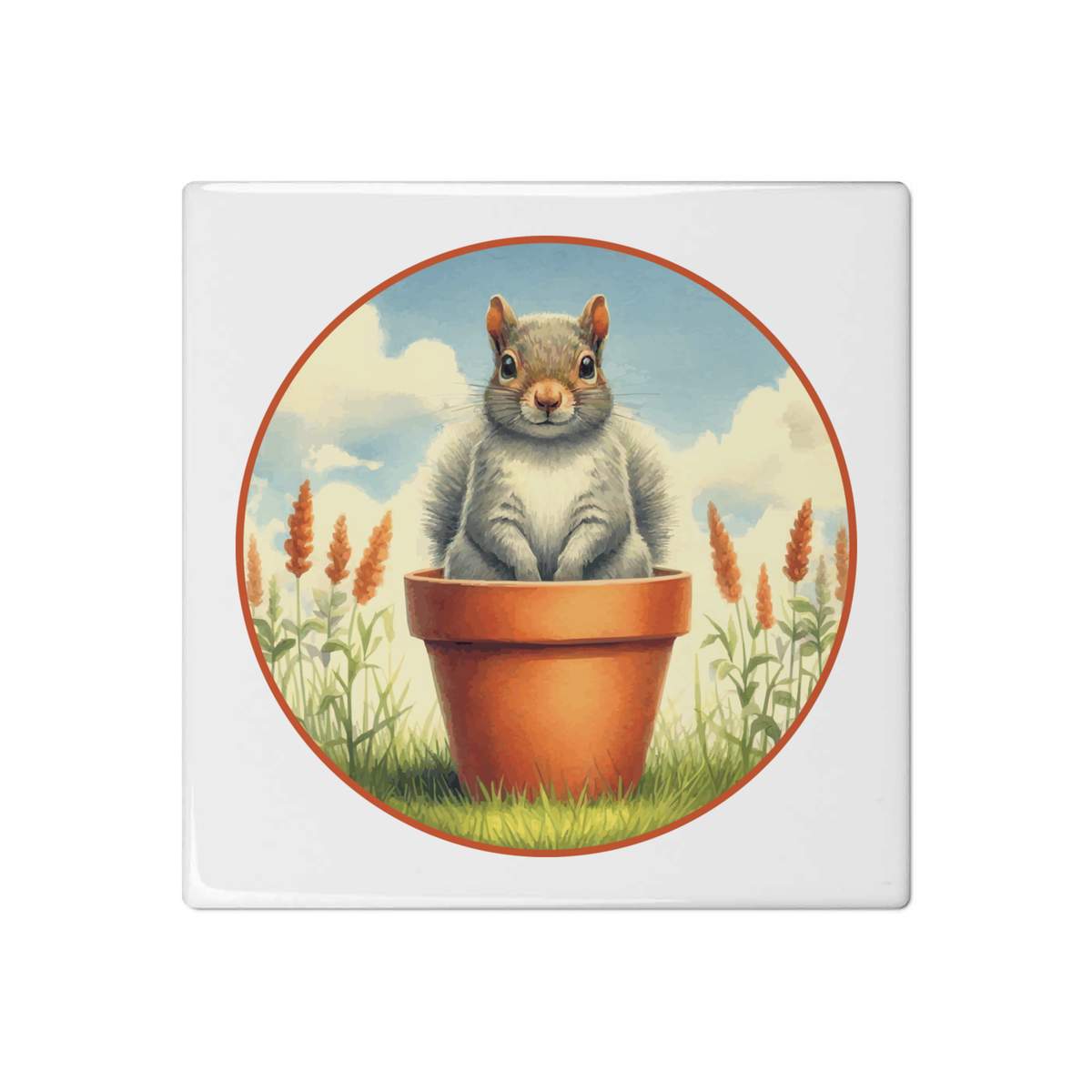 'Grey Squirrel In Terracotta Pot' 108mm Square Ceramic Tile (TD00034708)