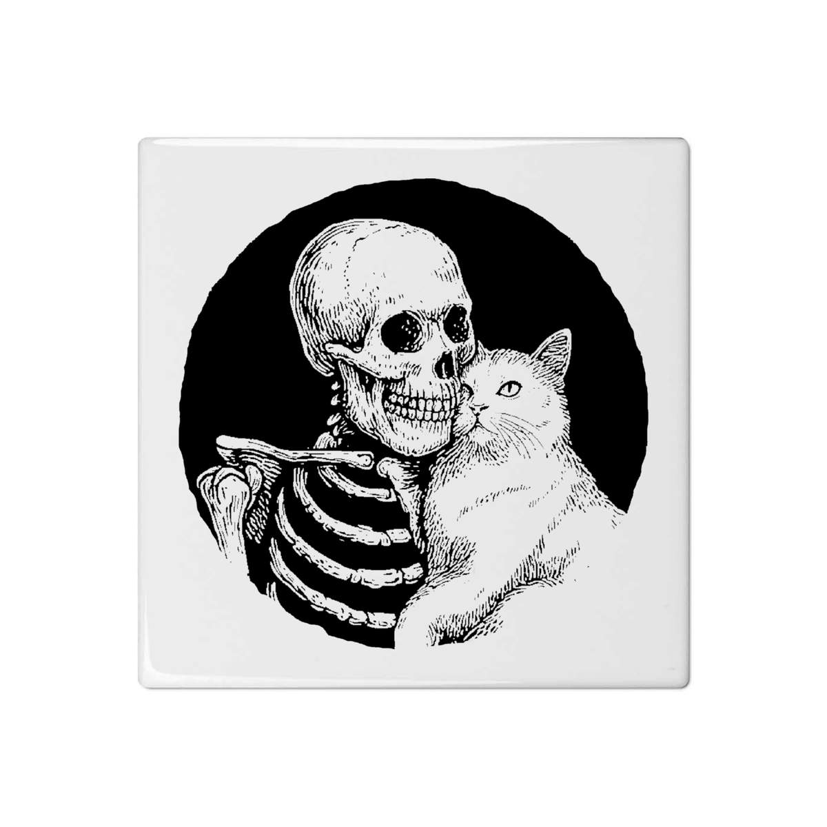 'Skeleton Hugging Cat' 108mm Square Ceramic Tile (TD00034959)