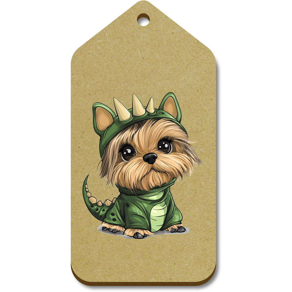 10 x Large 'Cute Yorkshire Terrier Puppy in Dino Costume' Wooden Gift Tags (TG00132738)