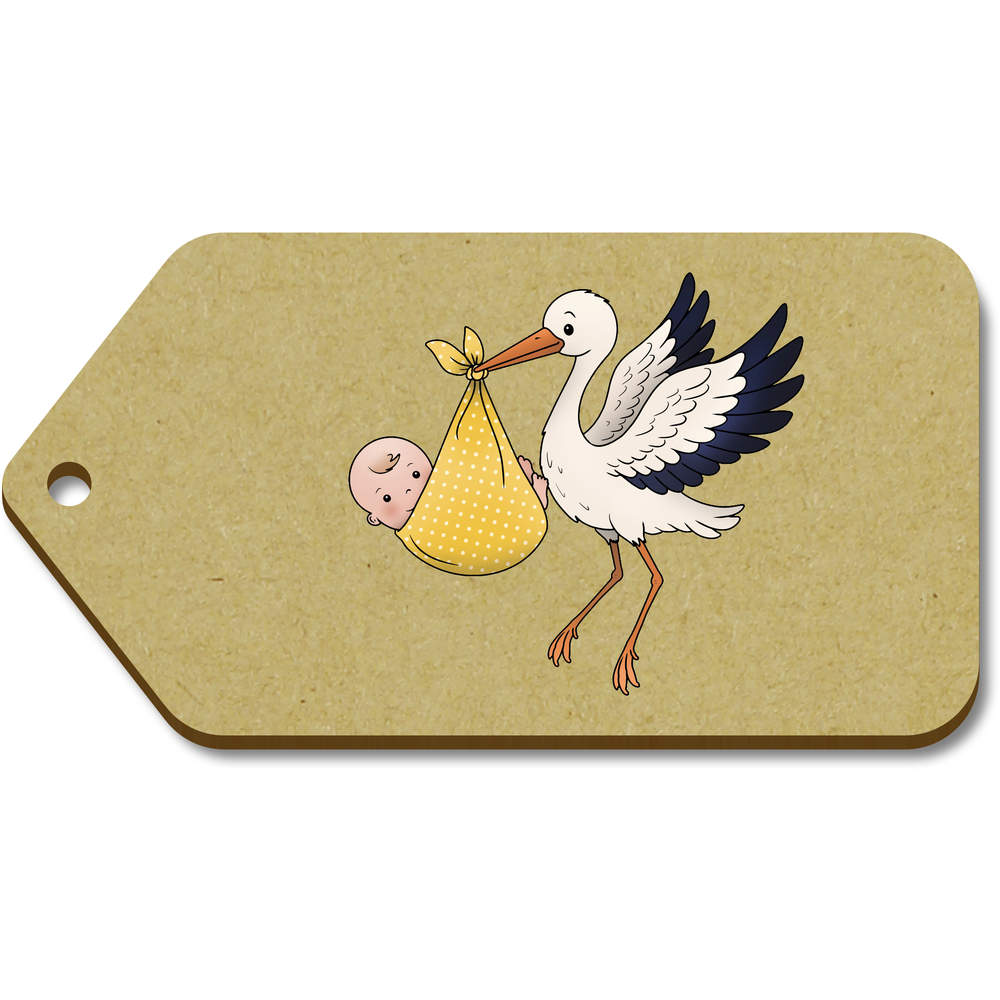 10 x Large 'Stork Carrying Baby' Wooden Gift Tags (TG00143384)