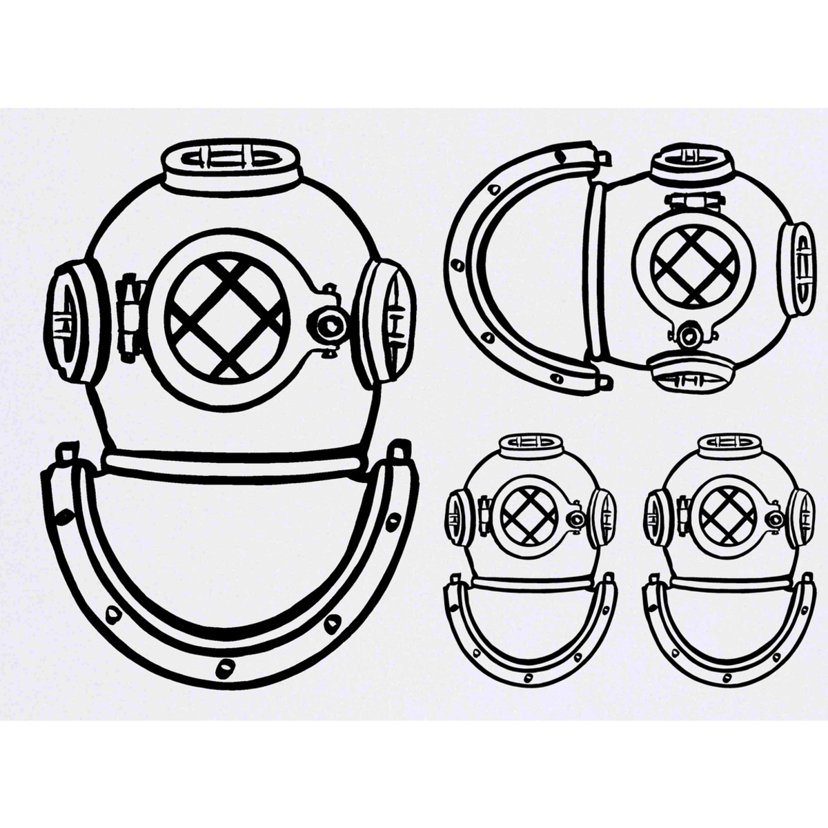 4 x 'Diving Helmet' Temporary Tattoos -  Water Resistant, Skin-Safe, Non-Toxic Transfers, Mixed Sizes (TO00015320)