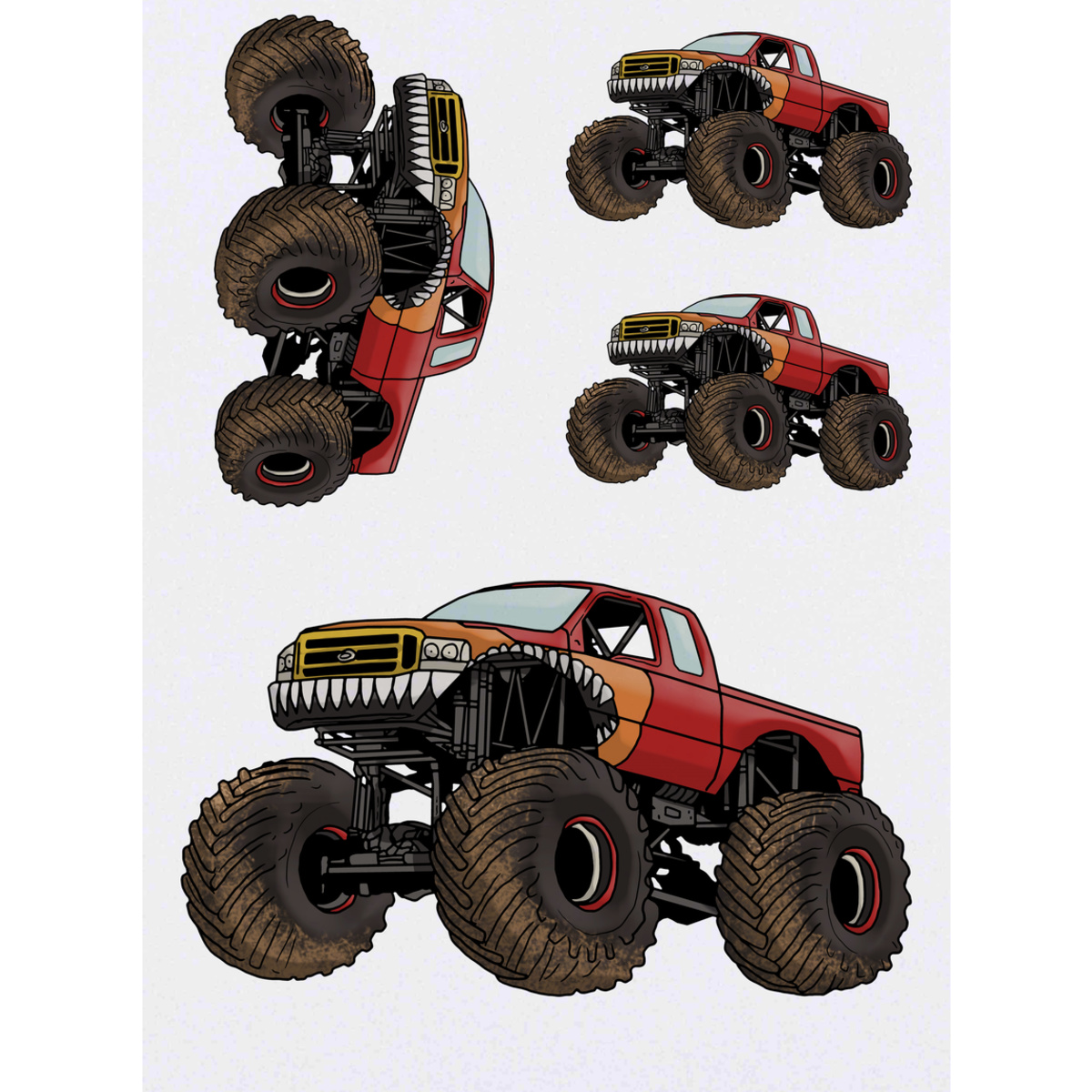 4 x 'Monster Truck' Temporary Tattoos - Mixed-Size - Water Resistant Skin Safe Transfers for Parties, Costumes and Gifts (TO00042119)