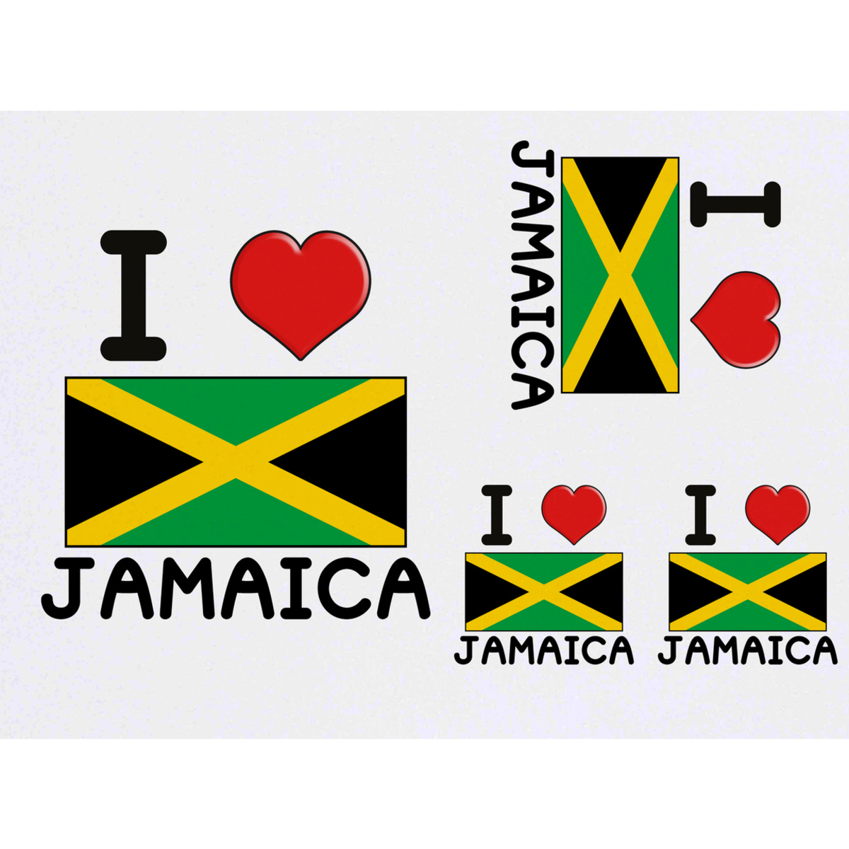4 x 'I Love Jamaica' Temporary Tattoos -  Water Resistant, Skin-Safe, Non-Toxic Transfers, Mixed Sizes (TO00046925)