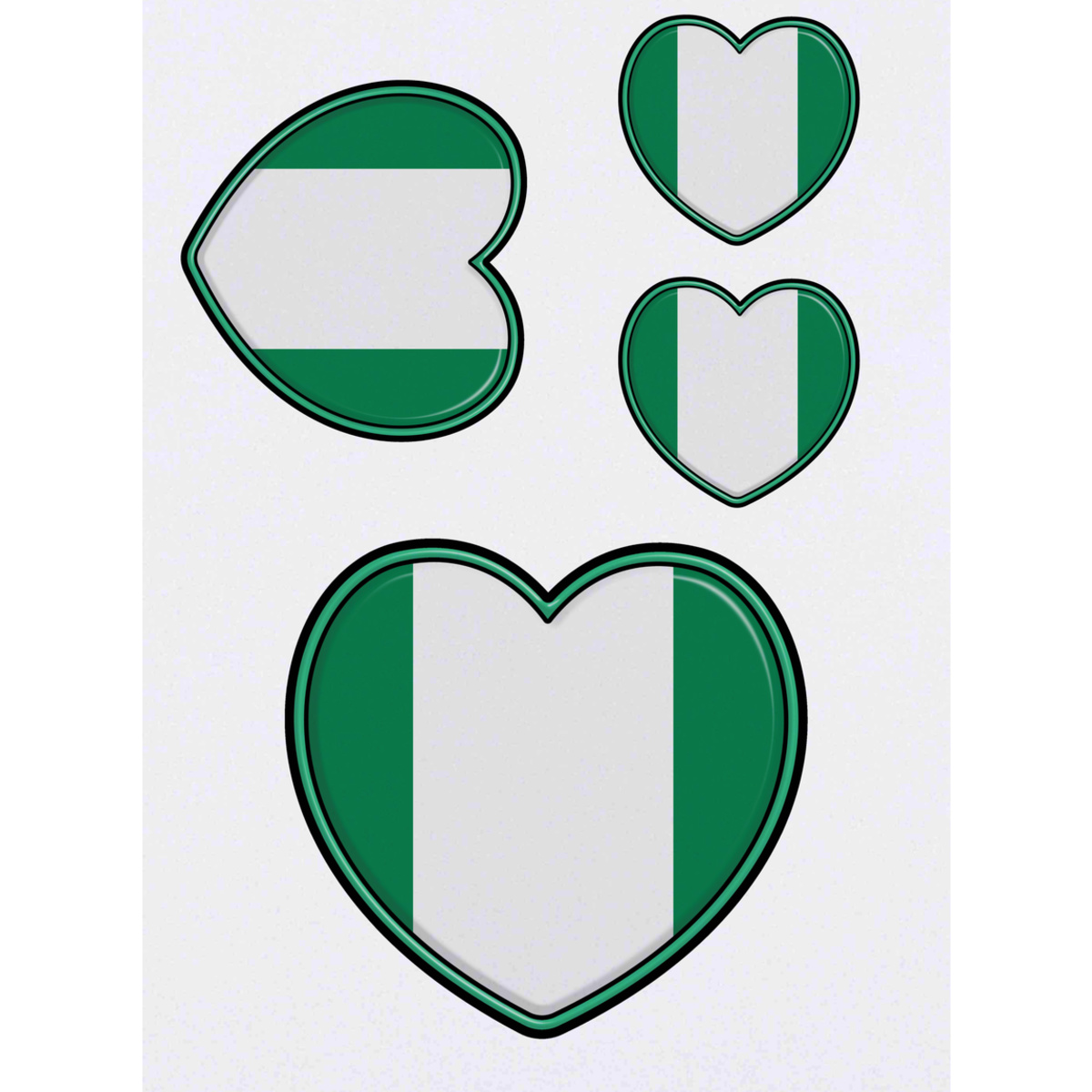 4 x 'Nigeria Flag Heart' Temporary Tattoos -  Water Resistant, Skin-Safe, Non-Toxic Transfers, Mixed Sizes (TO00062920)