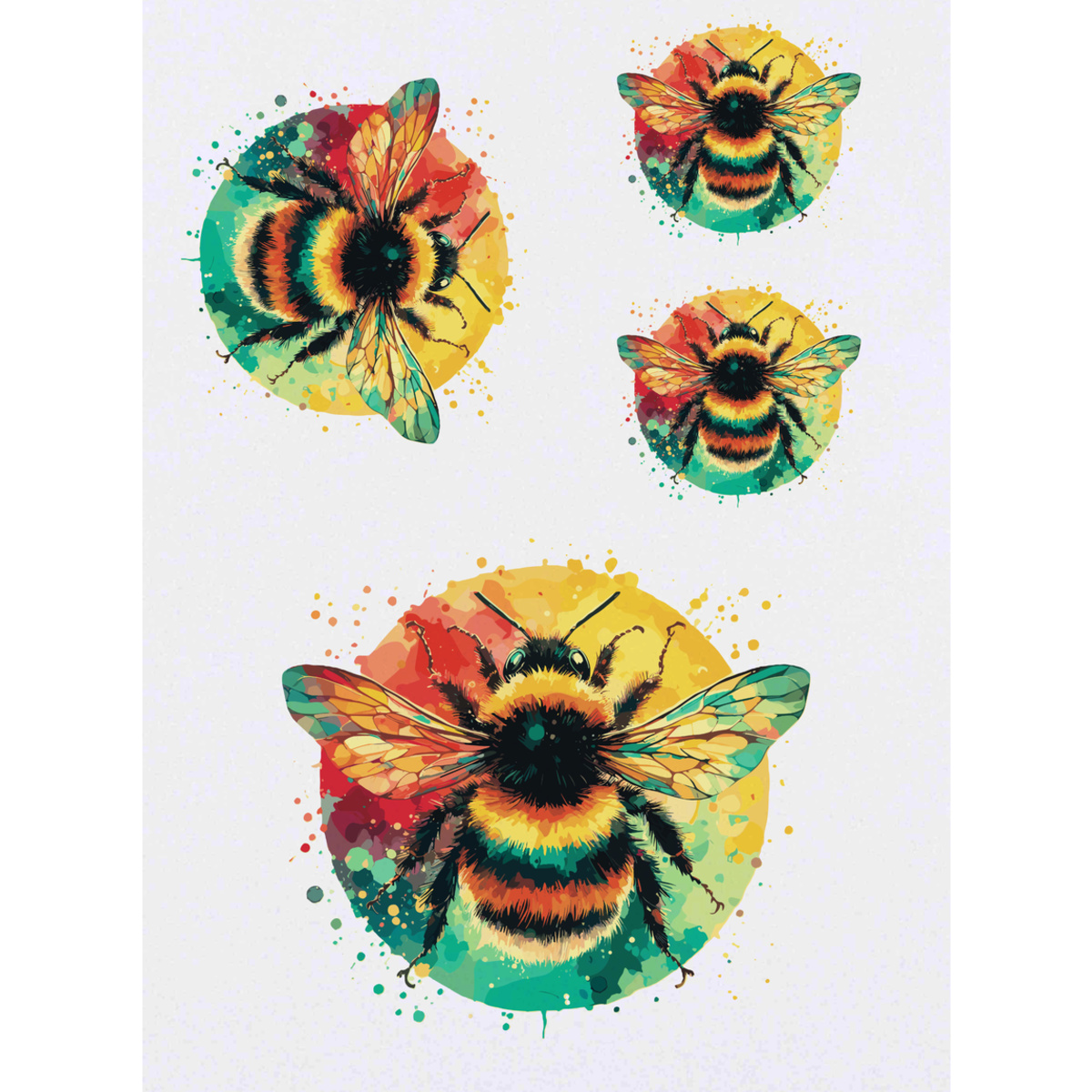 4 x 'Colourful Bumblebee' Temporary Tattoos -  Water Resistant, Skin-Safe, Non-Toxic Transfers, Mixed Sizes (TO00073934)