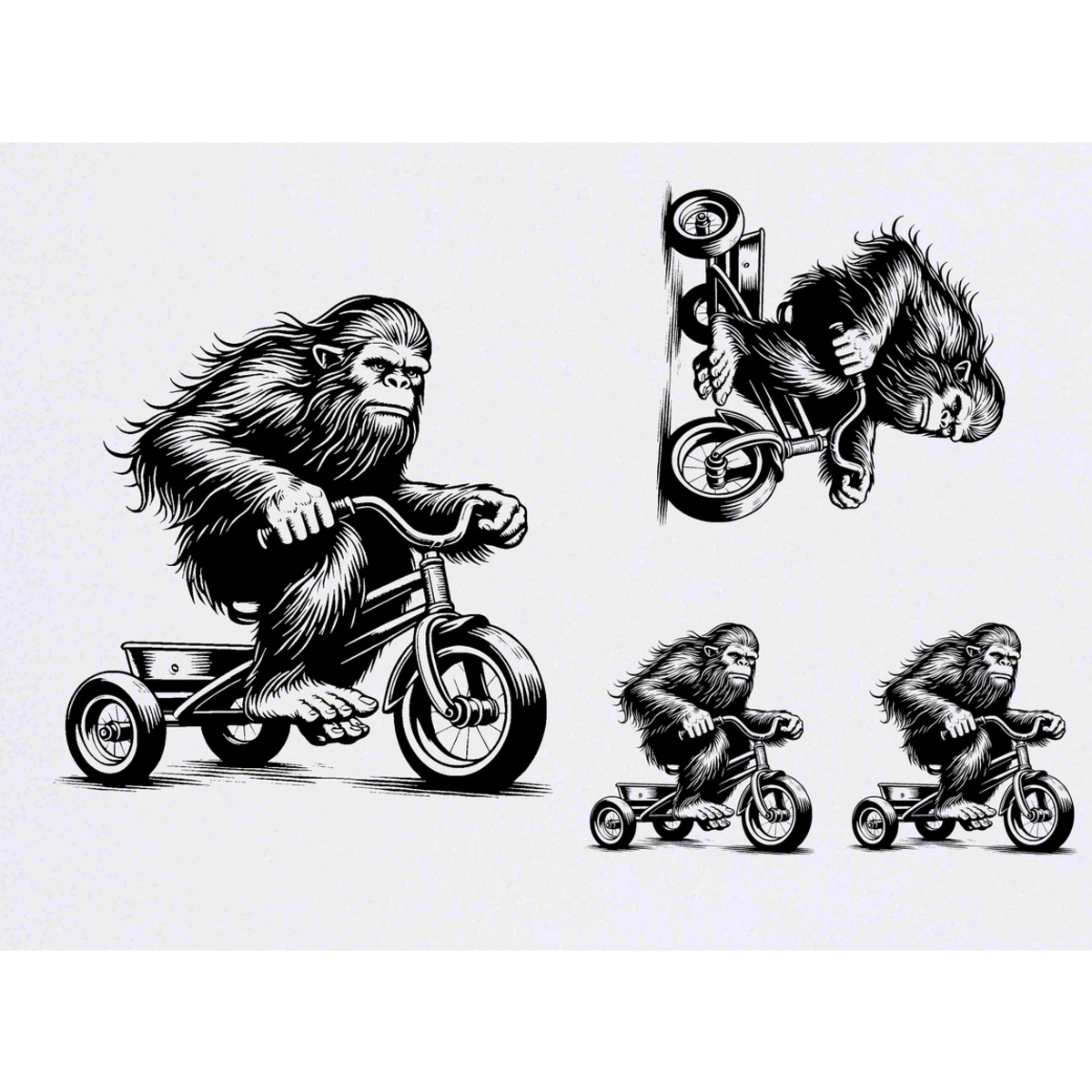 'Bigfoot Riding Tricycle' Temporary Tattoos -  Water Resistant, Skin-Safe, Non-Toxic Transfers (TO053625)