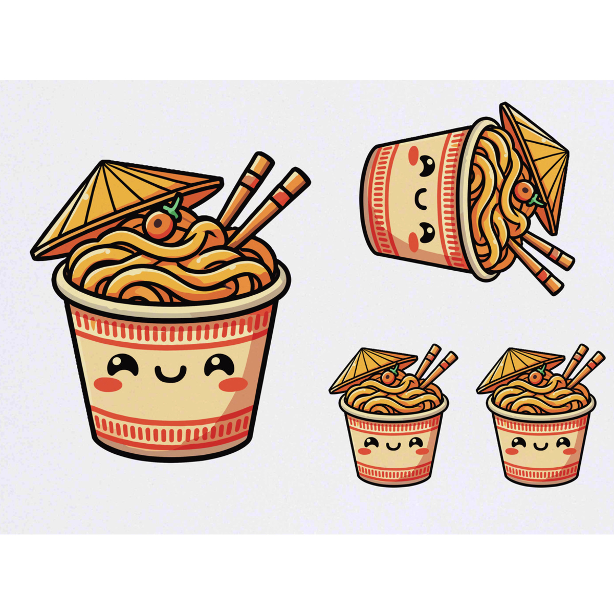 4 x 'Cute Noodle Pot' Temporary Tattoos -  Water Resistant, Skin-Safe, Non-Toxic Transfers, Mixed Sizes (TO00087424)