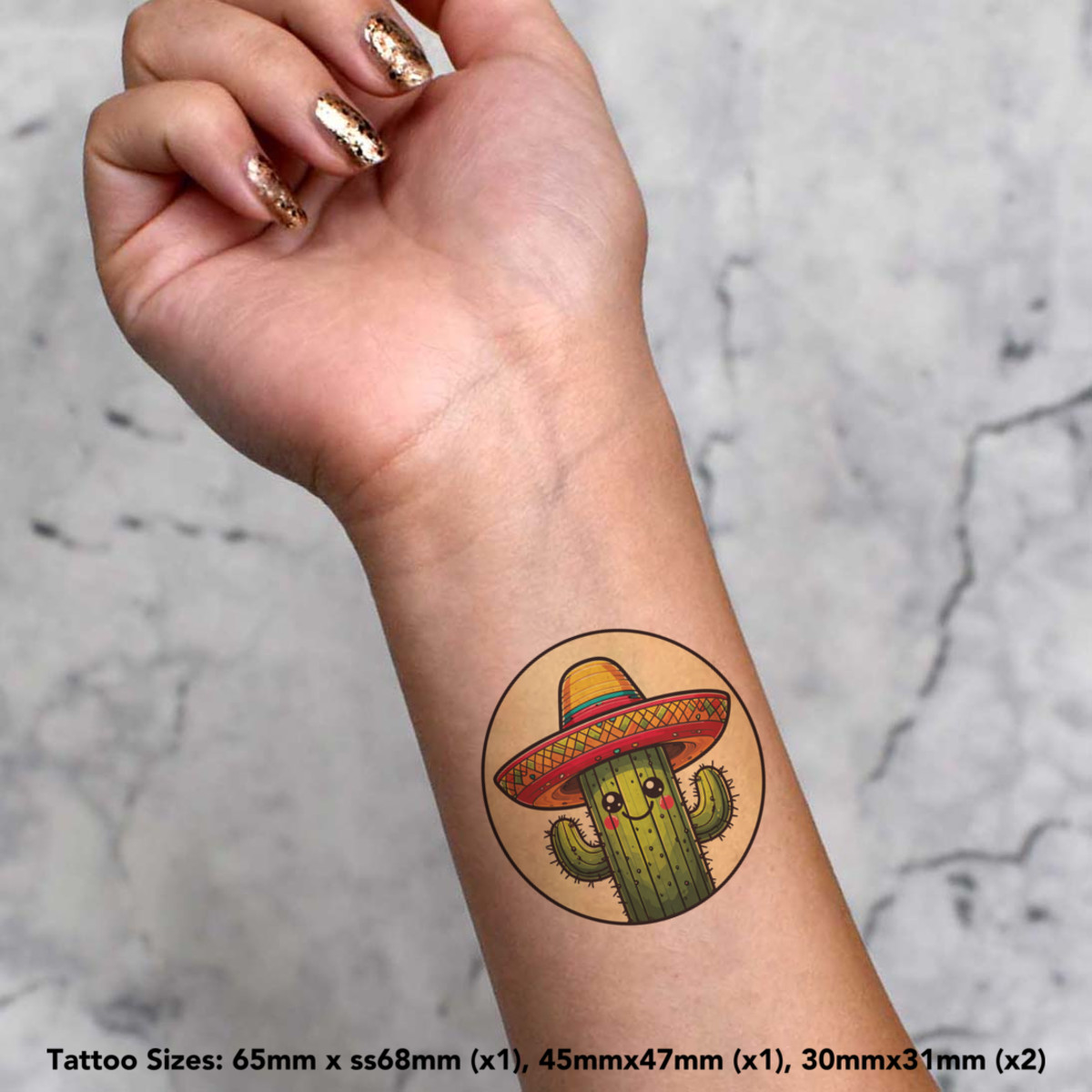 4 x 'Cute Cactus Wearing Sombrero' Temporary Tattoos - Water Resistant,  Skin-Safe, Non-Toxic Transfers, Mixed Sizes (TO00087400)