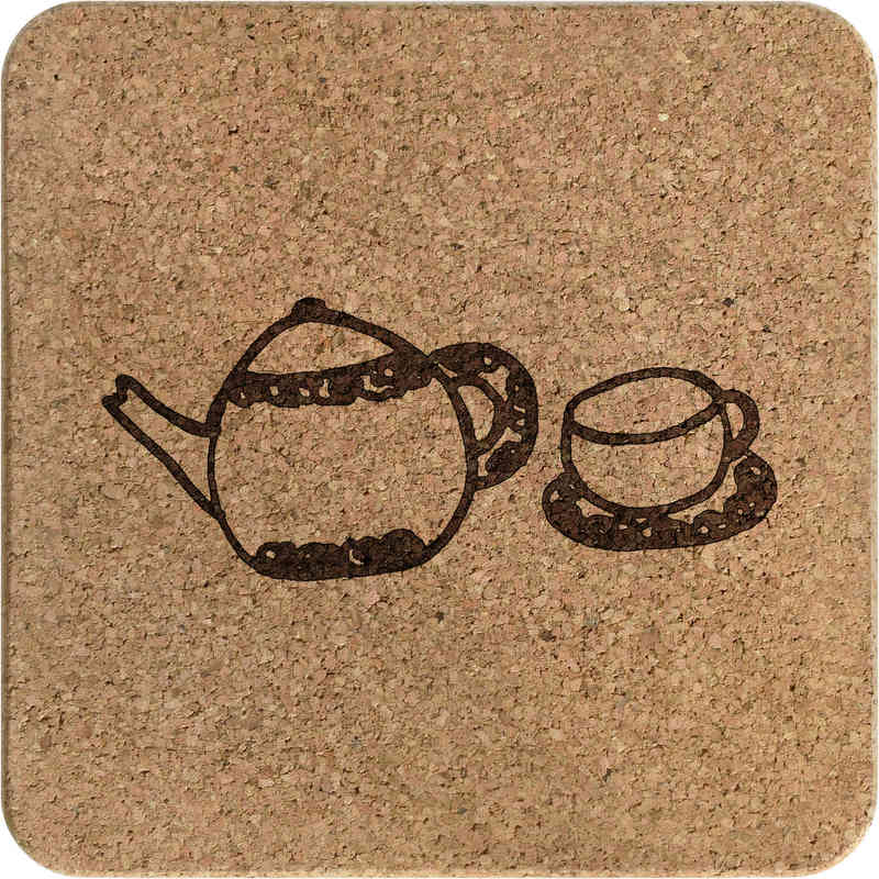 'Teapot & Cup' Square Cork Trivet / Pot Stand (TR00022368)