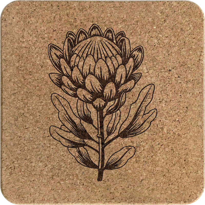 'Protea Flower' Square Cork Trivet / Pot Stand - Heat Resistant Table Mat for Pans, Dishes, Kitchens and Dining (TR00026797)