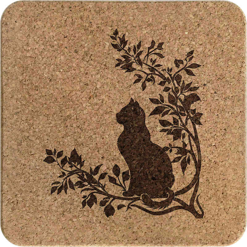 'Cat Sitting on Branch ' Square Cork Trivet / Pot Stand (TR00027668)