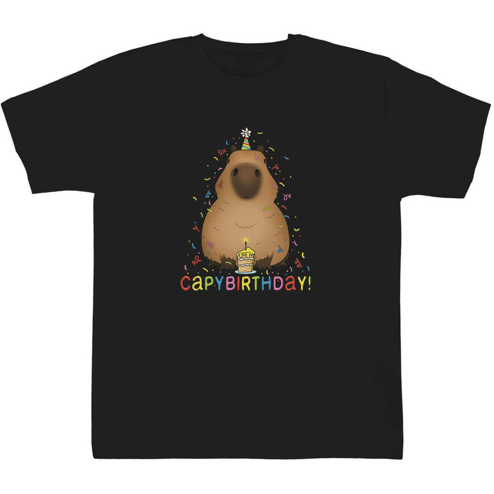 'Capybara Birthday' Kids T-Shirt - Black, 12-13 Years - Graphic Tee, 100% Cotton Short Sleeve Top for Boys and Girls (TS00308041)