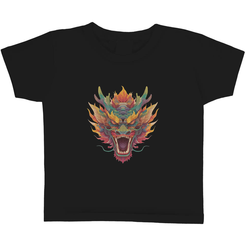 'Chinese Dragon Head' Kids T-Shirt - Black, 3-4 Years - Graphic Tee, 100% Cotton Short Sleeve Top for Boys and Girls (TS00488256)