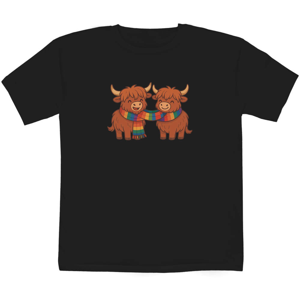 'Winter Highland Cows' Kids T-Shirt - Black, 7-8 Years - Graphic Tee, 100% Cotton Short Sleeve Top for Boys and Girls (TS00521222)