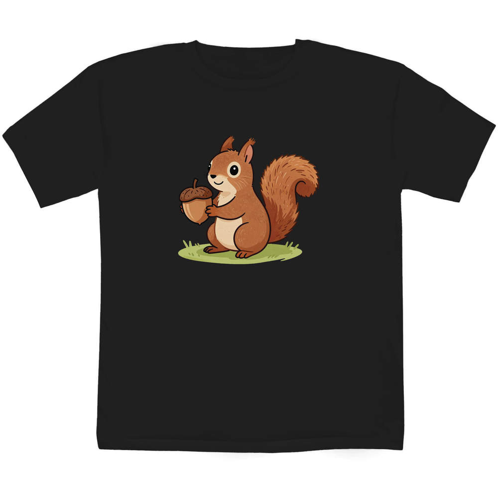'Squirrel with Acorn' Kids T-Shirt - Black, 7-8 Years - Graphic Tee, 100% Cotton Short Sleeve Top for Boys and Girls (TS00573199)