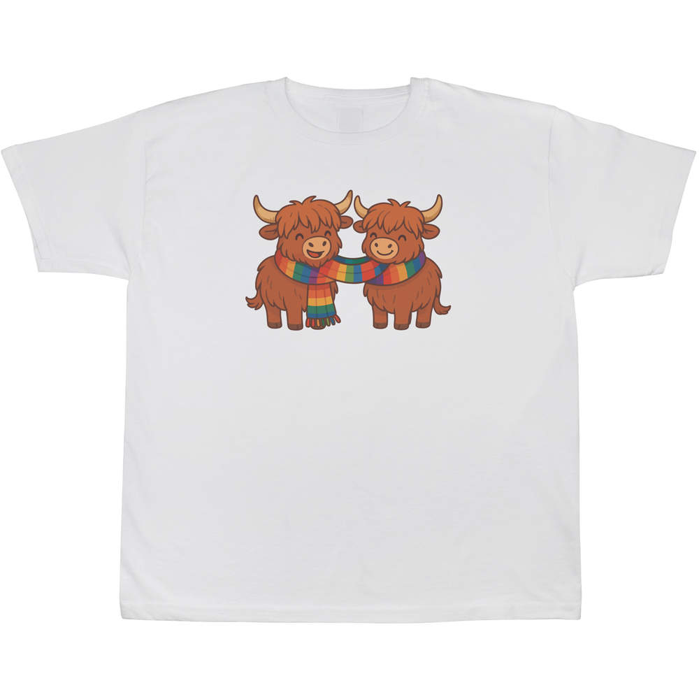 'Winter Highland Cows' Kids T-Shirt - White, 5-6 Years - Graphic Tee, 100% Cotton Short Sleeve Top for Boys and Girls (TS00521215)