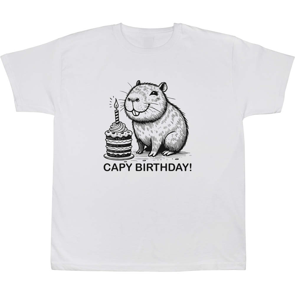 'Capybara Birthday' Kids T-Shirt - White, 7-8 Years - Graphic Tee, 100% Cotton Short Sleeve Top for Boys and Girls (TS00470923)