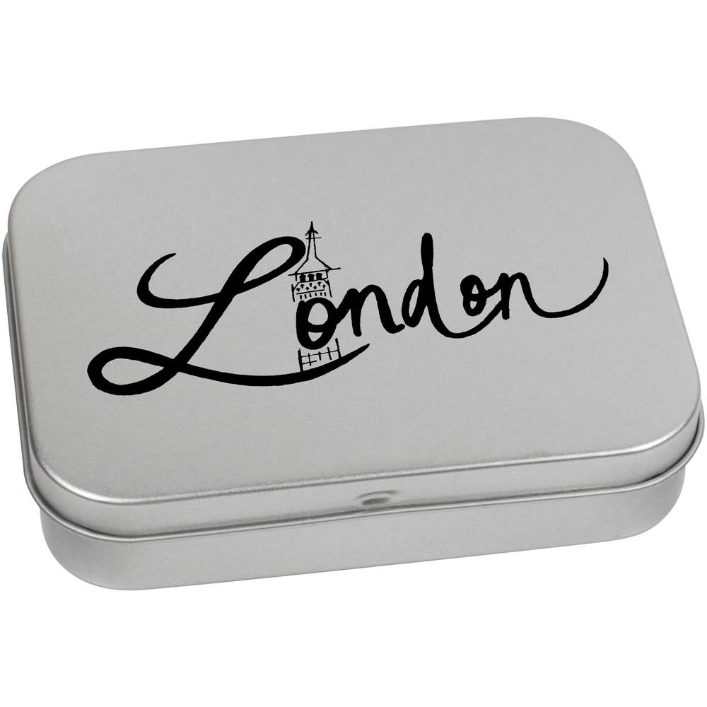 'London Text' Metal Hinged Storage Tin - 110mm x 80mm - Keepsake Box for Stationery, Crafts, Sweets and Small Gifts (TT00064824)