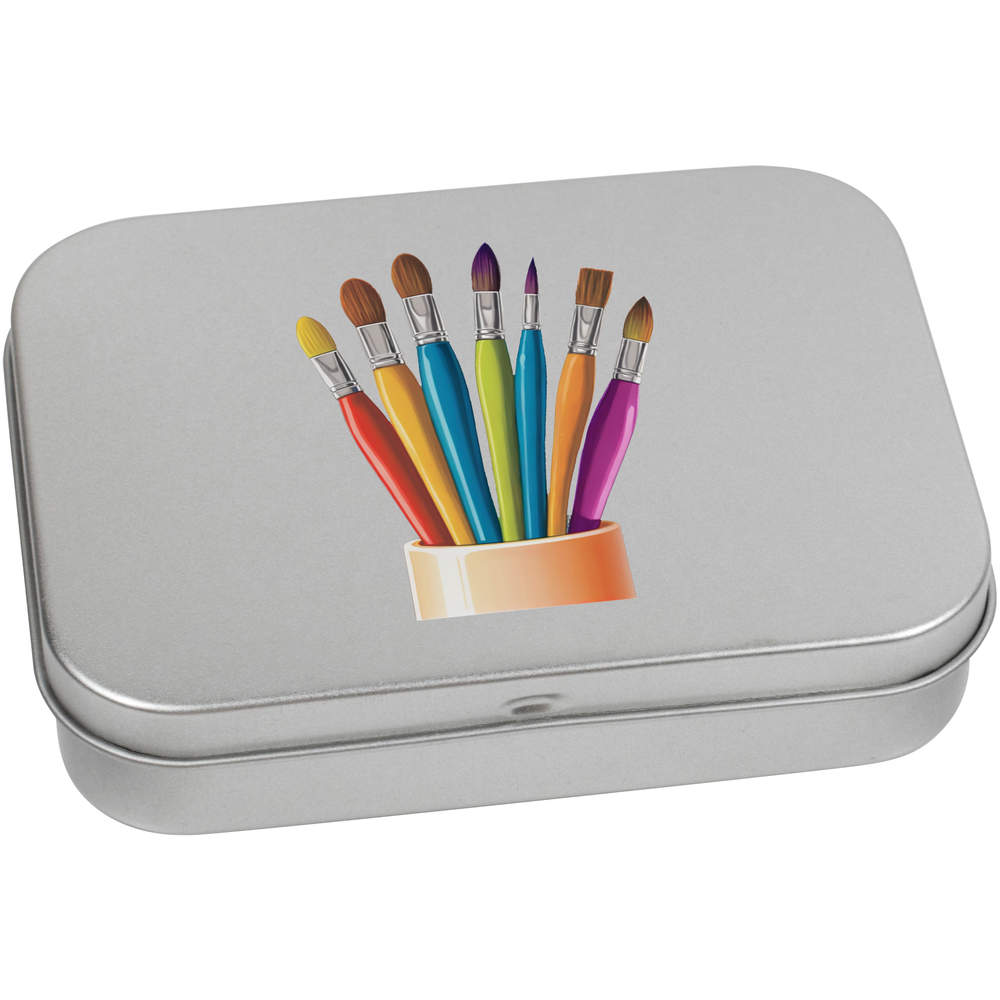 'Colourful Artist Brushes' Metal Hinged Storage Tin - 110mm x 80mm - Keepsake Box for Stationery, Crafts, Sweets and Small Gifts (TT00231901)