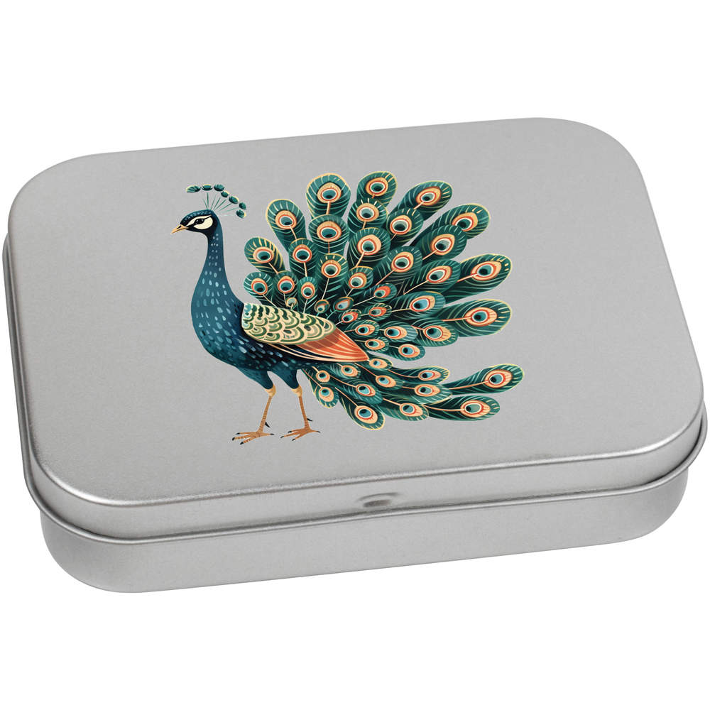 'Beautiful Peacock' Metal Hinged Storage Tin - 110mm x 80mm - Keepsake Box for Stationery, Crafts, Sweets and Small Gifts (TT00254041)