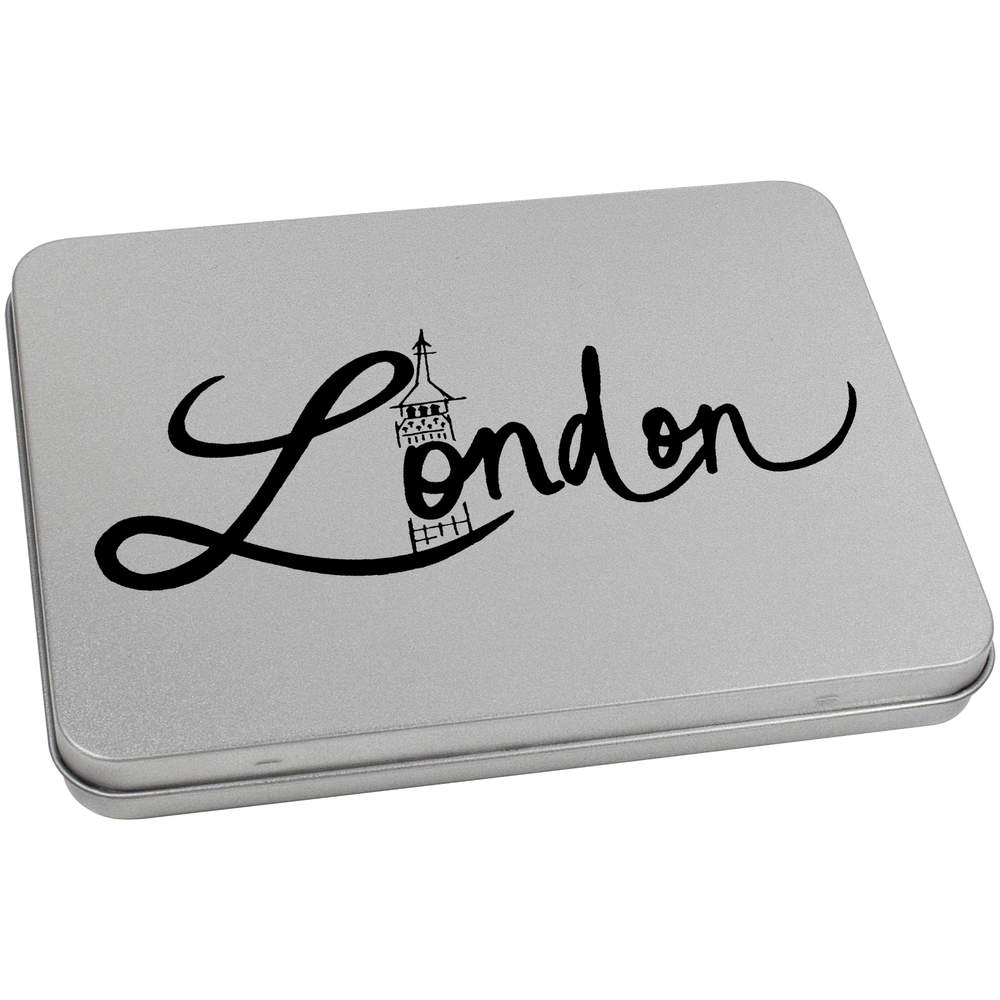 'London Text' Metal Hinged Storage Tin - 170mm x 130mm - Keepsake Box for Stationery, Crafts, Sweets and Small Gifts (TT00064825)