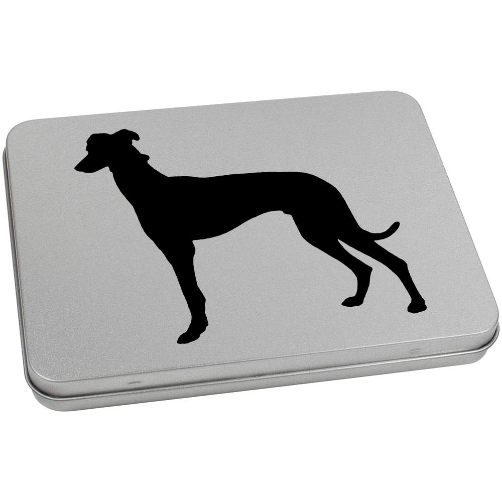 'Greyhound Silhouette' Metal Hinged Storage Tin - 170mm x 130mm - Graceful Racing Sighthound Canine Outline - Keepsake Box for Stationery, Crafts, Sweets and Small Gifts (TT0008709