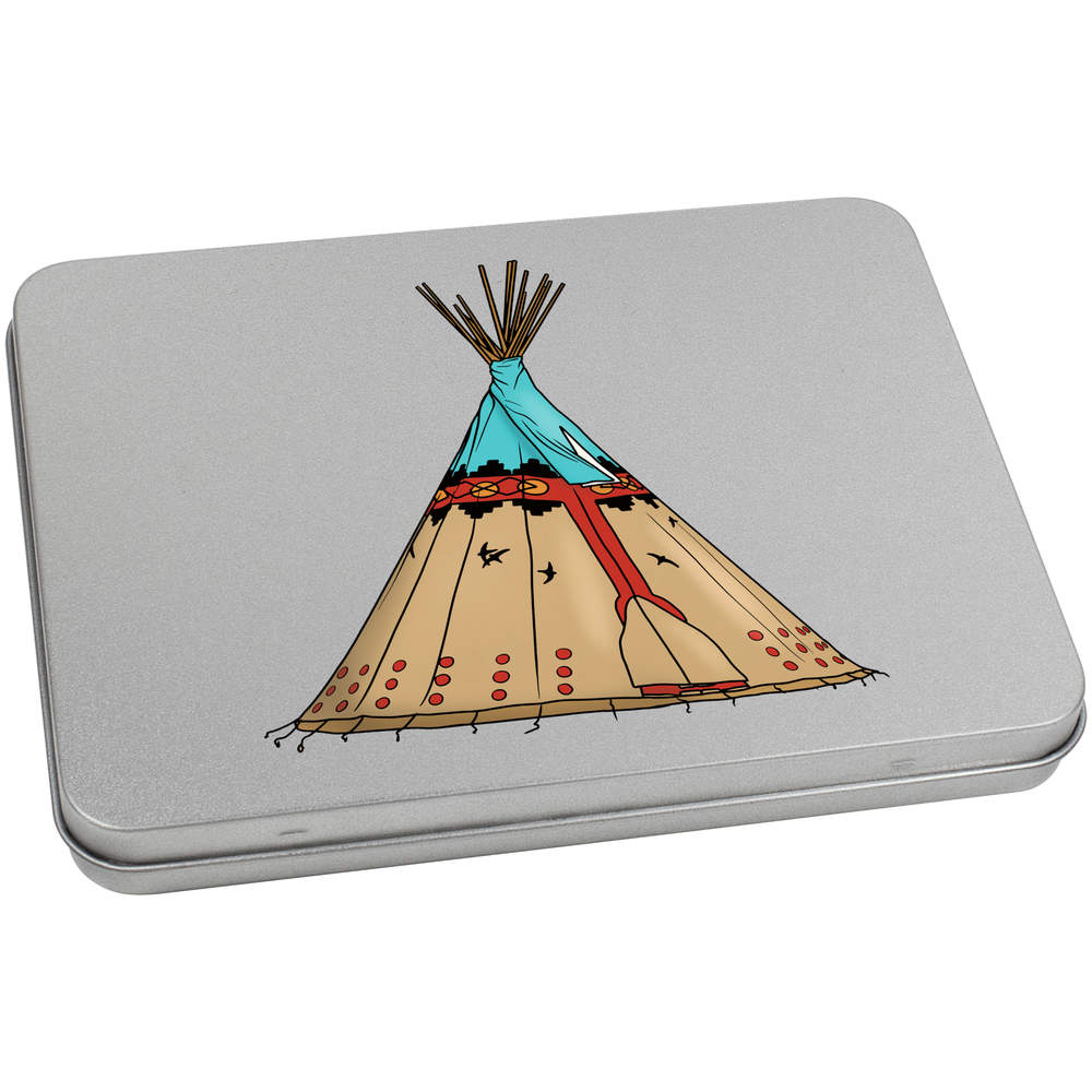 'Native American Tipi' Metal Hinged Storage Tin - 170mm x 130mm - Keepsake Box for Stationery, Crafts, Sweets and Small Gifts (TT00238160)