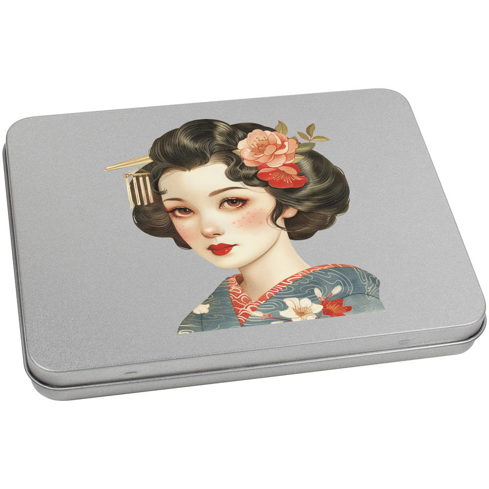 'Geisha Portrait' Metal Hinged Storage Tin - 170mm x 130mm - Keepsake Box for Stationery, Crafts, Sweets and Small Gifts (TT00253886)
