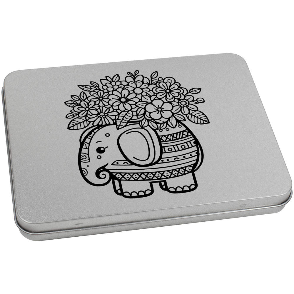 'Elephant Flower Vase' Metal Hinged Storage Tin - 170mm x 130mm - Keepsake Box for Stationery, Crafts, Sweets and Small Gifts (TT00256700)