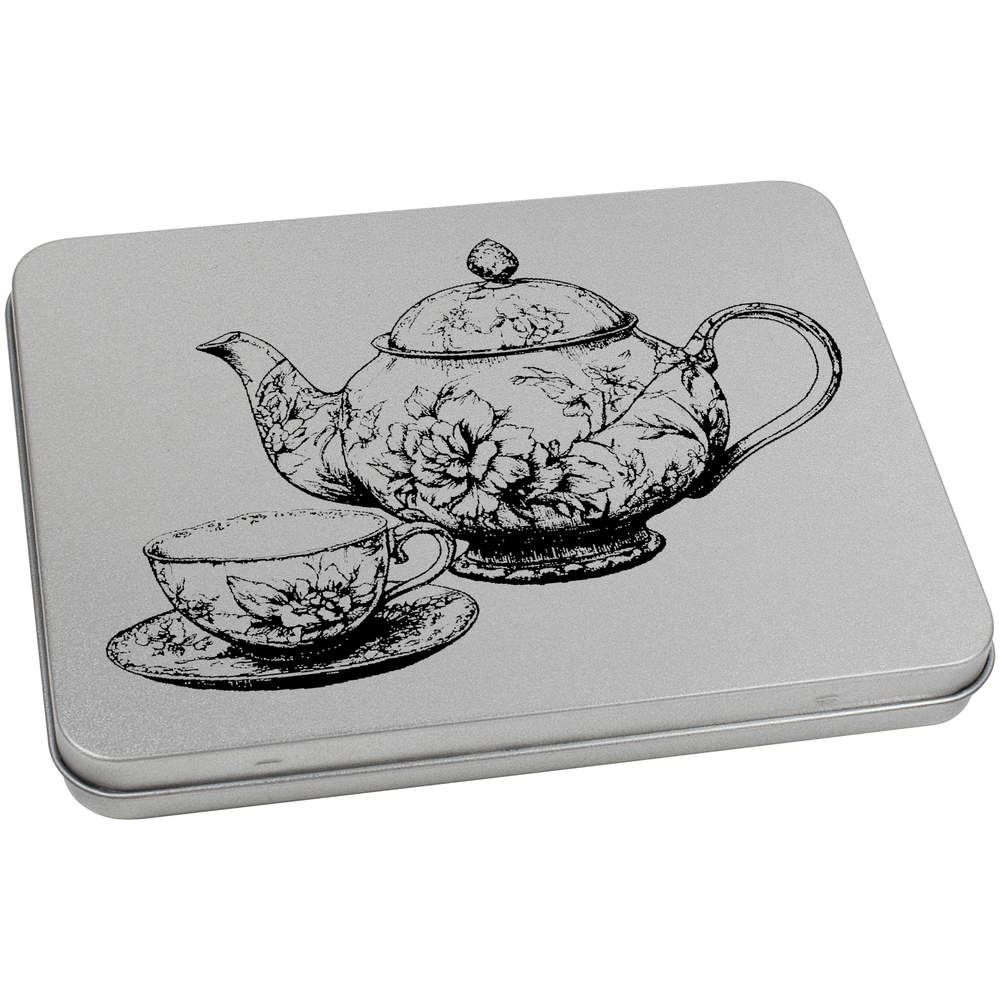 'Vintage Teapot and Cup' Metal Hinged Storage Tin - 170mm x 130mm - Keepsake Box for Stationery, Crafts, Sweets and Small Gifts (TT00266006)