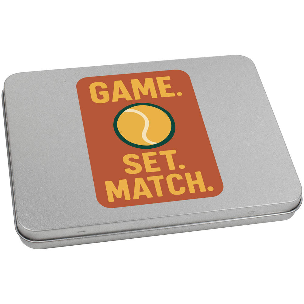'Tennis Game Set Match' Metal Hinged Storage Tin - 170mm x 130mm - Keepsake Box for Stationery, Crafts, Sweets and Small Gifts (TT00287585)