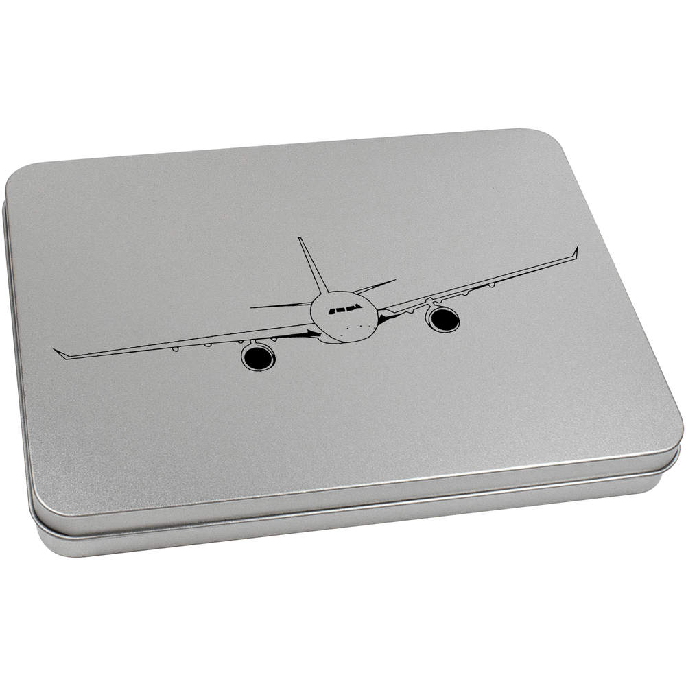 'Incoming Airplane' Metal Hinged Storage Tin - 220mm x 160mm - Commercial Airliner Head-On View Line - Keepsake Box for Stationery, Crafts, Sweets and Small Gifts (TT00008533)