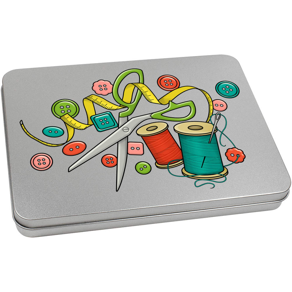 220mm 'Sewing Tools' Metal Hinged Tin / Storage Box (TT00108379)