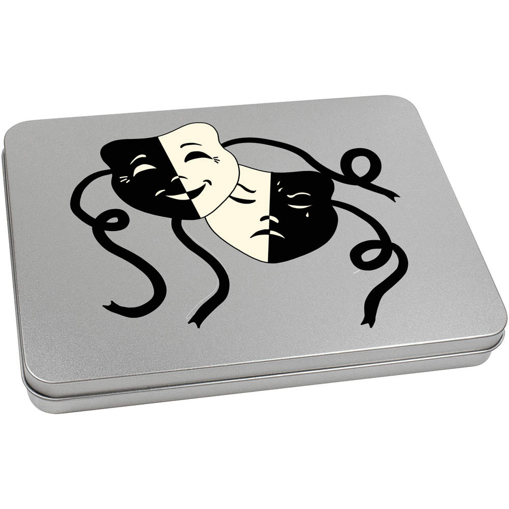 'Comedy and Tragedy Masks' Metal Hinged Storage Tin - 220mm x 160mm - Keepsake Box for Stationery, Crafts, Sweets and Small Gifts (TT00223128)