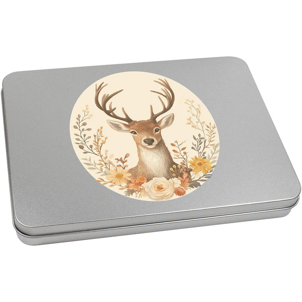 'Deer Stag with Flowers' Metal Hinged Storage Tin - 220mm x 160mm - Keepsake Box for Stationery, Crafts, Sweets and Small Gifts (TT00256311)