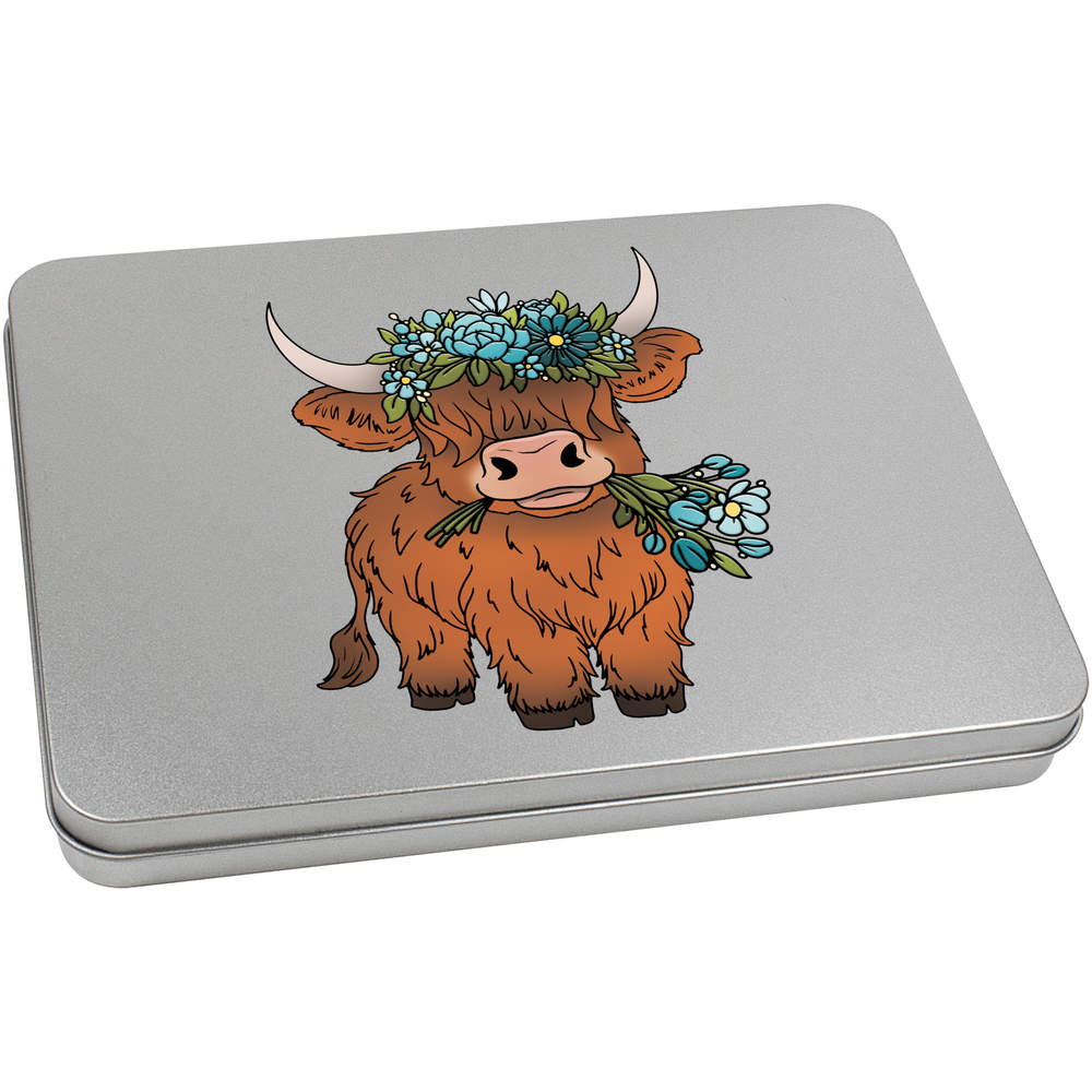 'Highland Cow With Flowers' Metal Hinged Storage Tin - 220mm x 160mm - Keepsake Box for Stationery, Crafts, Sweets and Small Gifts (TT00258282)