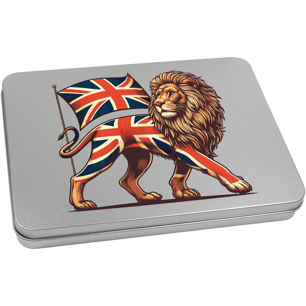 'Lion With Union Jack' Metal Hinged Storage Tin - 220mm x 160mm - Keepsake Box for Stationery, Crafts, Sweets and Small Gifts (TT00262164)