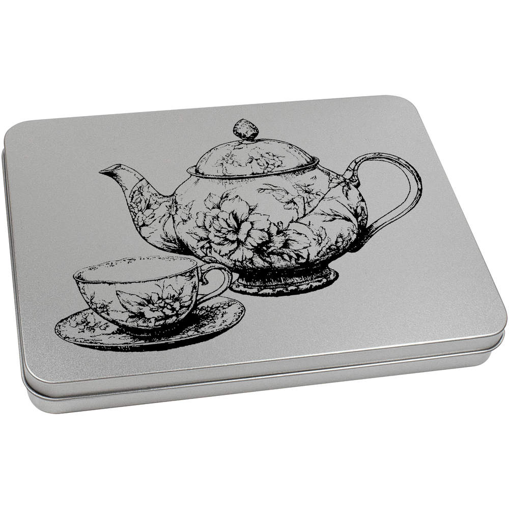 'Vintage Teapot and Cup' Metal Hinged Storage Tin - 220mm x 160mm - Keepsake Box for Stationery, Crafts, Sweets and Small Gifts (TT00266007)