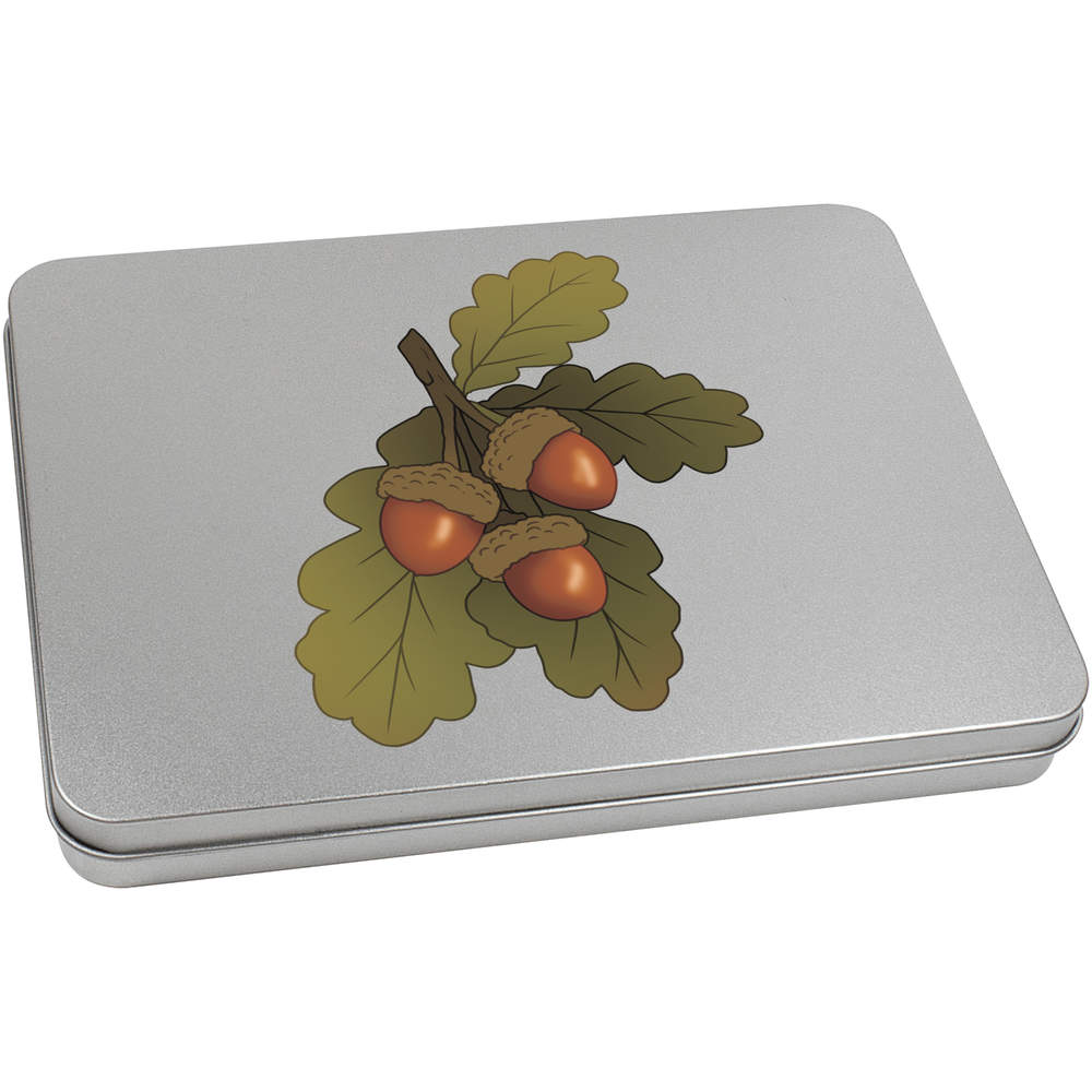 'Acorns and Oak Leaves' Metal Hinged Storage Tin - 220mm x 160mm - Keepsake Box for Stationery, Crafts, Sweets and Small Gifts (TT00283611)